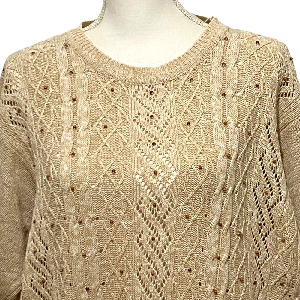 Alfred Dunner Beaded Sweater L Beige Grandmacore Open Weave Academia Travel Y2K